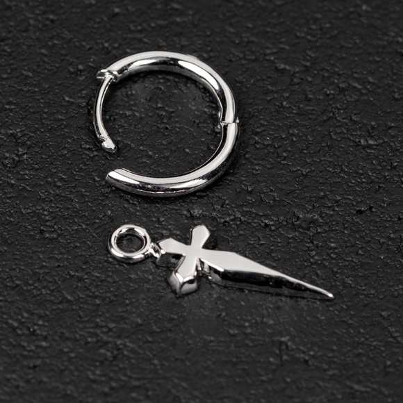 Men's Solid Sterling Silver Dangle Dagger Sword Cross Huggie Hoop Earrings - Picture 3 of 5